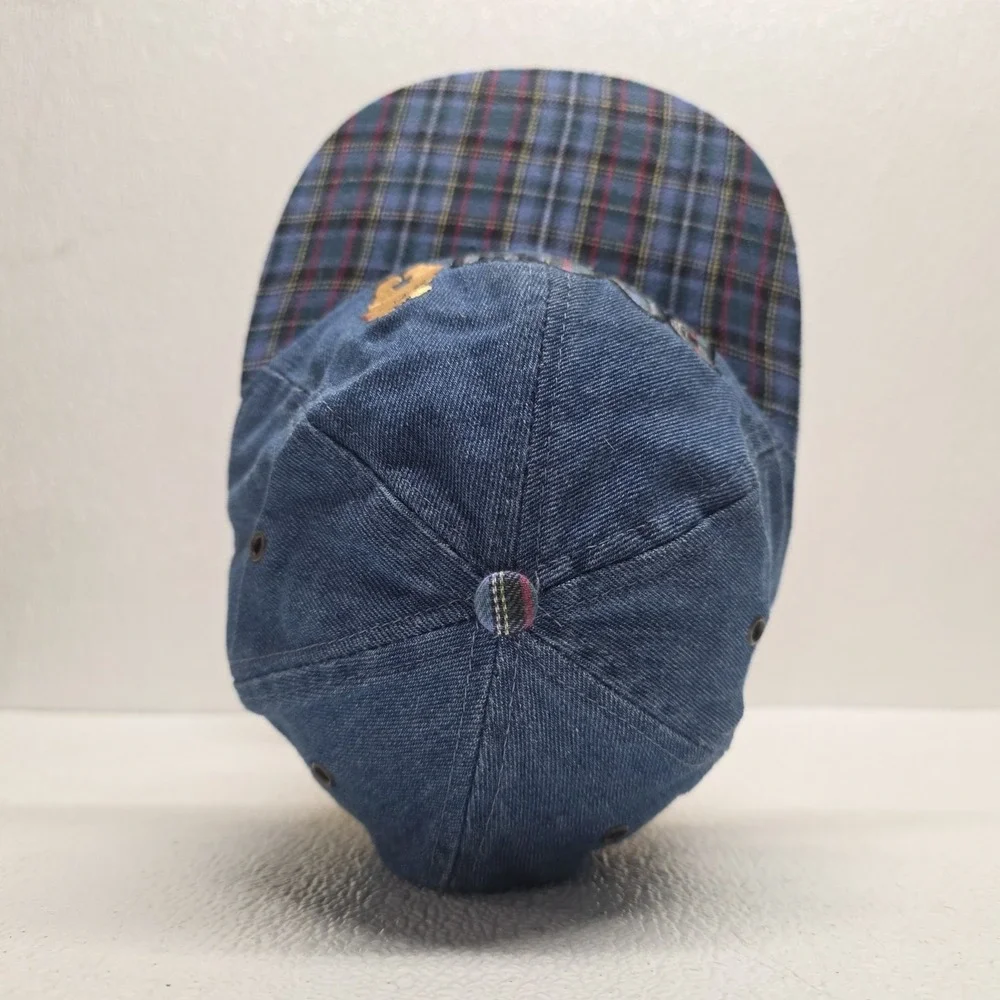 Vintage Disney Embroidered Winnie The Pooh Hat Elastic Band Blue‎ Plaid Denim